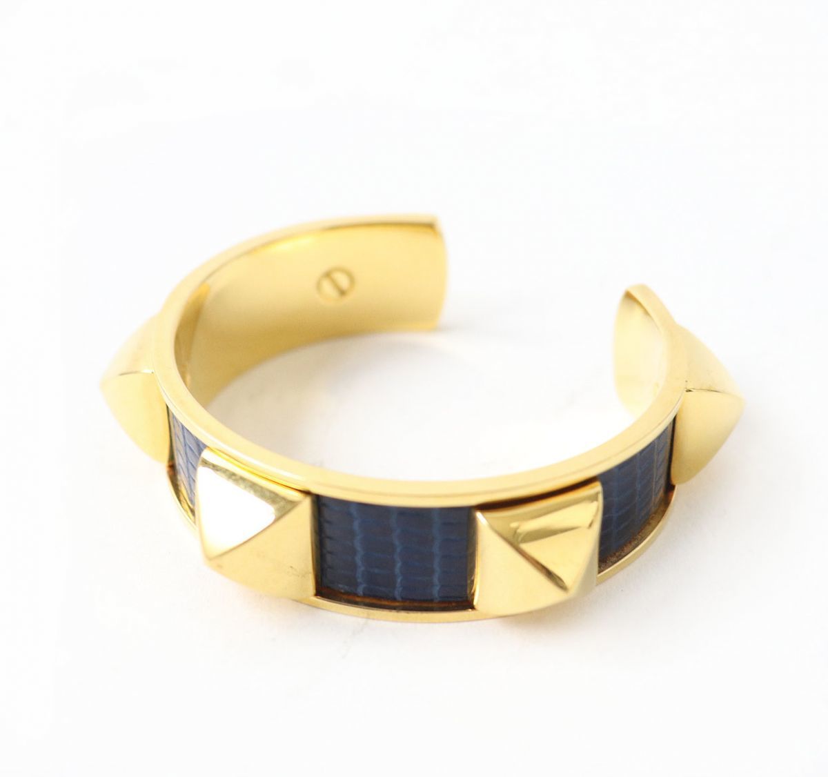 良品△上質◎ HERMES エルメス メドール リザード スタッズデザイン バングル ブレスレット ネイビー×ゴールド レディース オシャレ♪