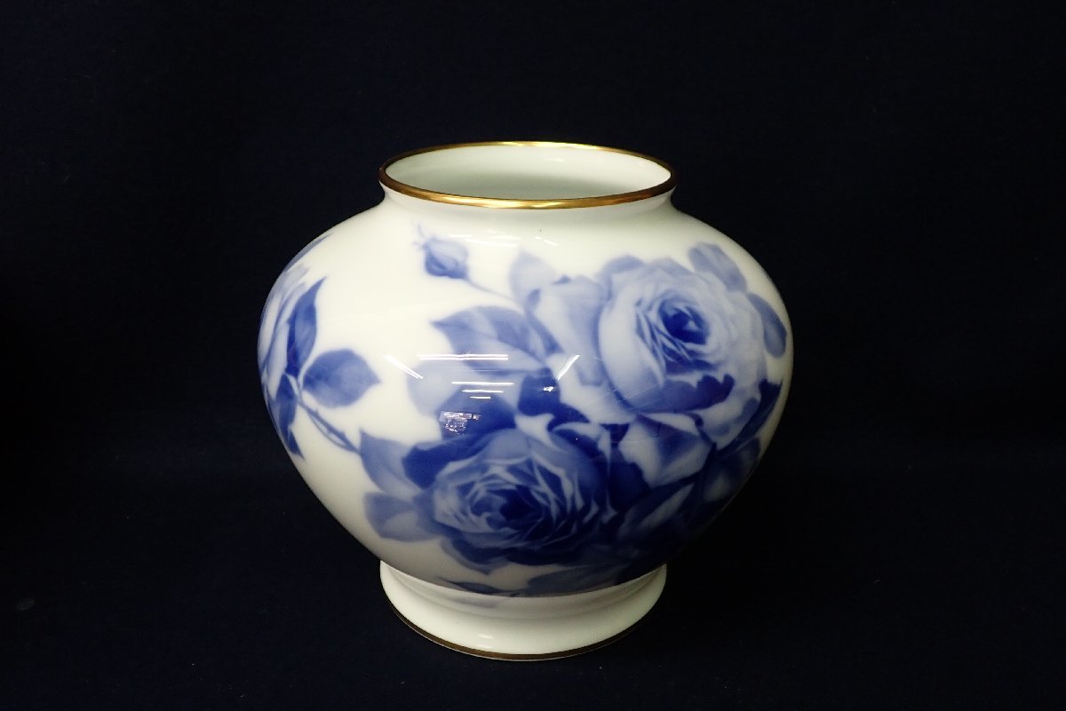 ★041911 大倉陶園 ブルーローズ 花瓶 ★