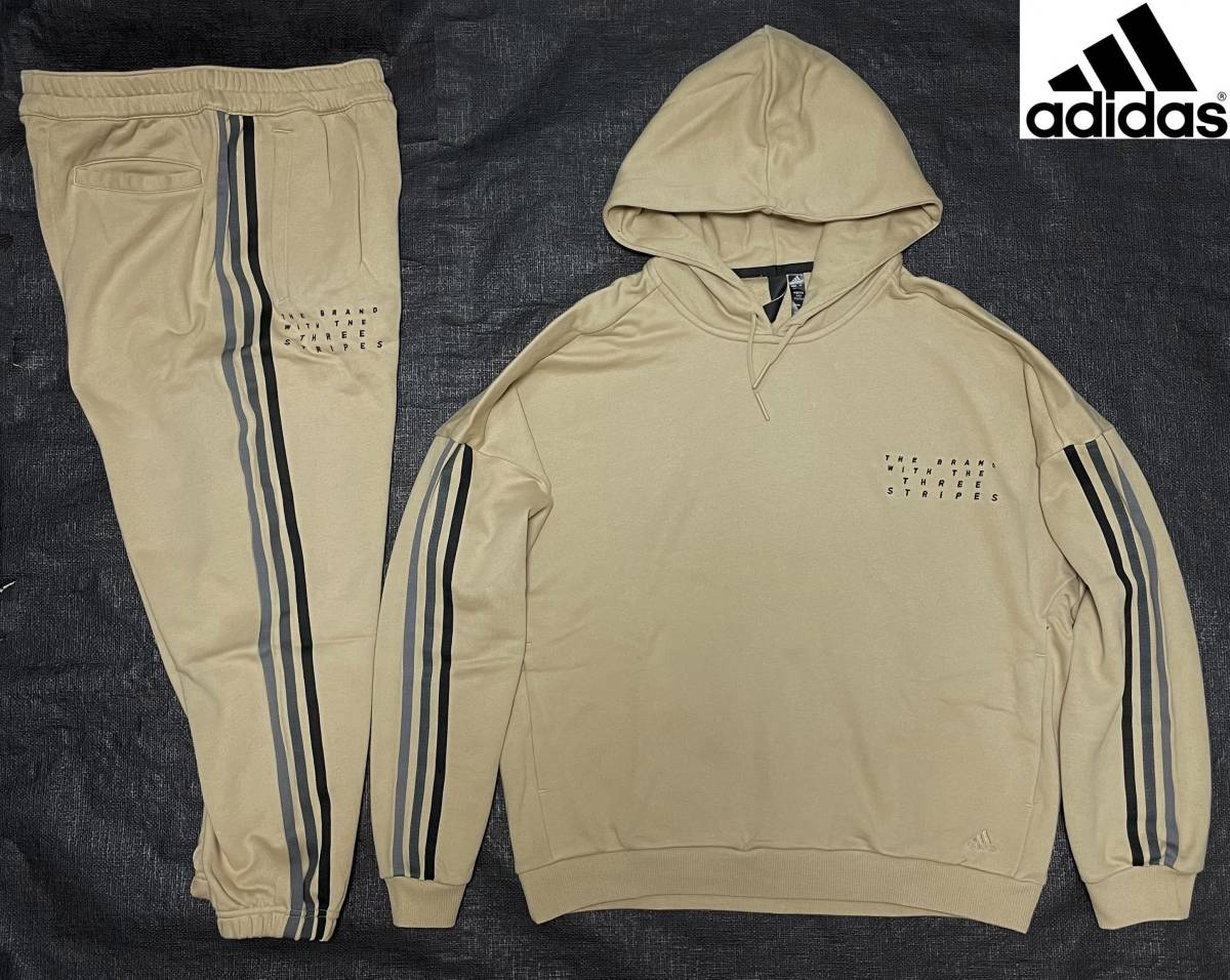 新品 L アディダス ADIDAS スウェット 上下 ベージュ パーカー フード 刺繍 グラデーション オーバーサイズ ゆったり 正規品 本物 未使用