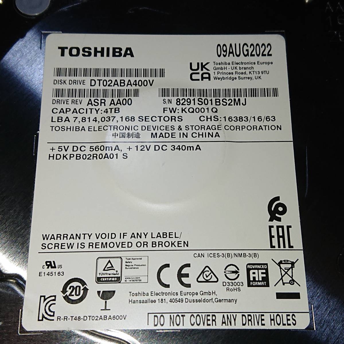 TOSHIBA DT02ABA400V 4TB HDD 美品 使用時間84時間 TOSHIBA