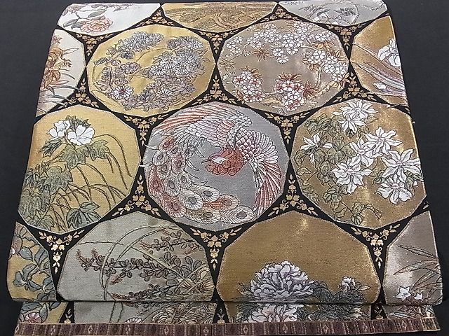 平和屋着物□六通柄袋帯 鳳凰草花天井文 黒地 金銀糸 逸品