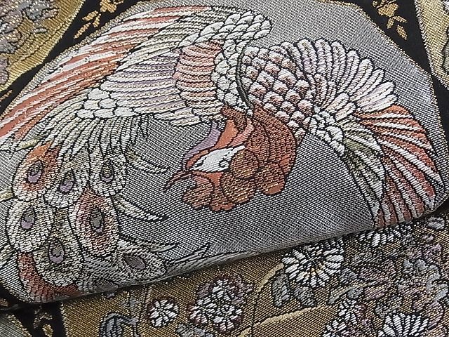 平和屋着物□六通柄袋帯 鳳凰草花天井文 黒地 金銀糸 逸品