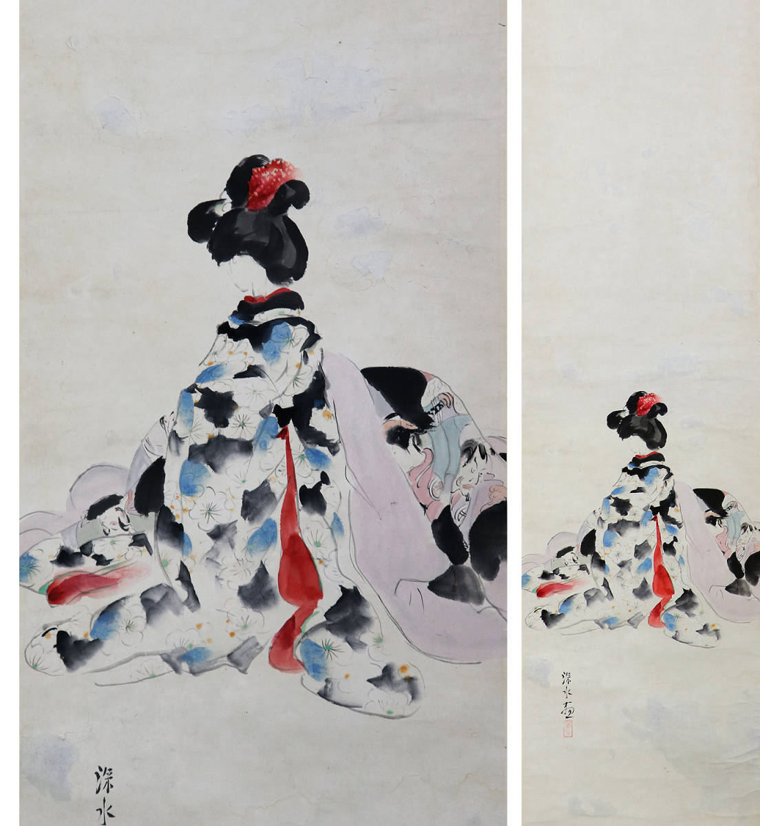 真作伊東深水 肉筆 最高軸先 美人画 共箱 本物保証 塗り二重箱入 真