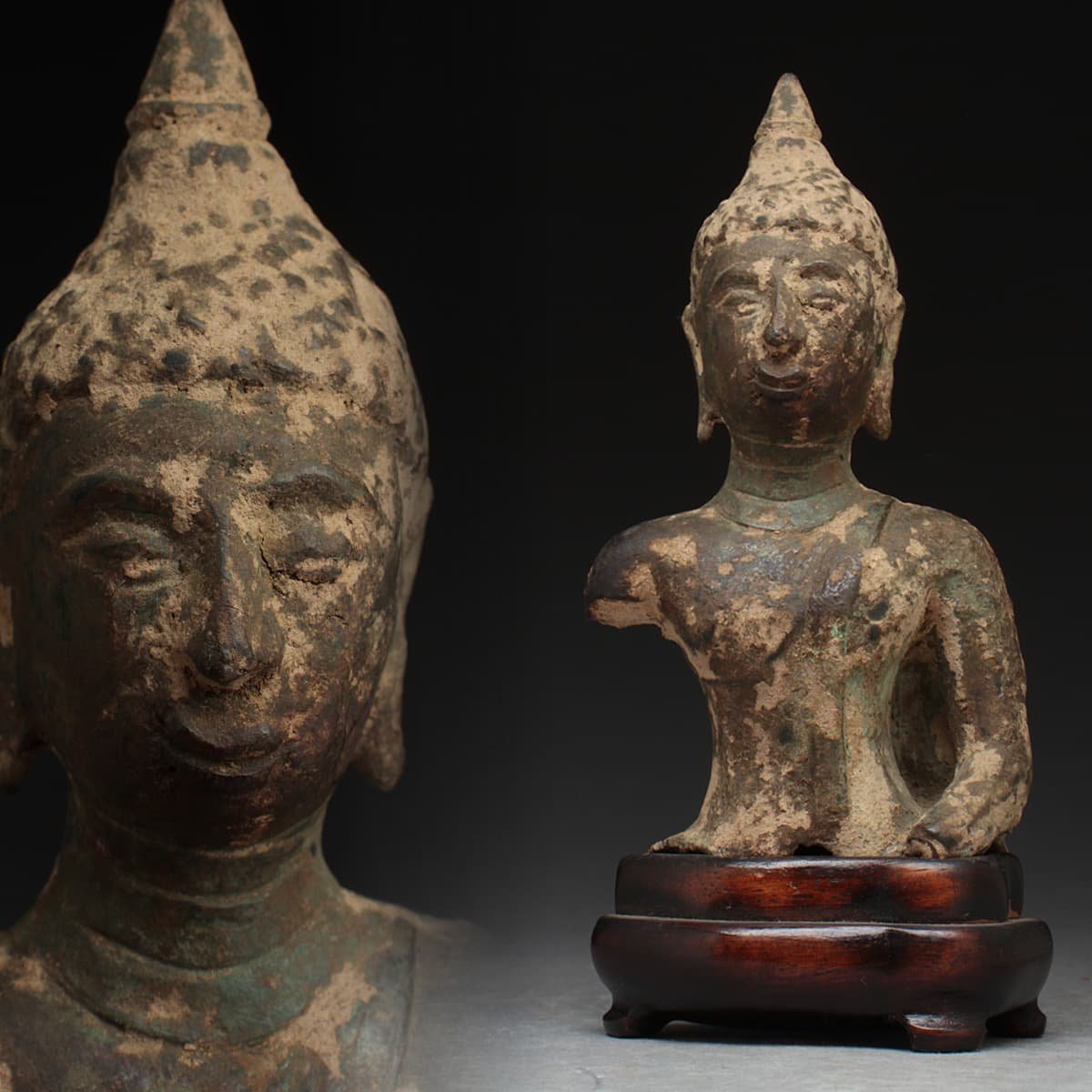 EK092 時代 仏教美術 古銅 仏頭 高15.3cm 重290g 台座付・銅佛頭部・銅 