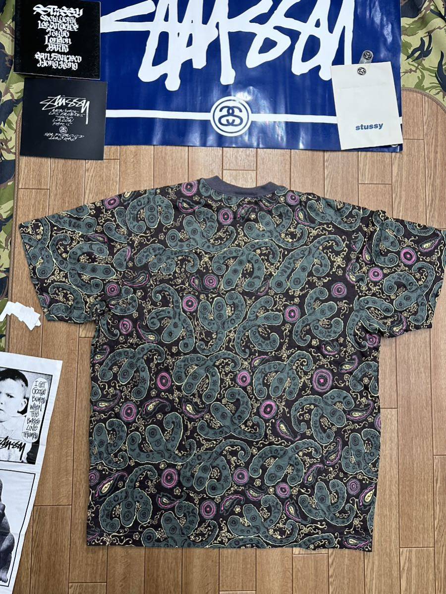 ★超美品90s初期黒タグOldStussyワンスターTシャツL/DOGTOWN STUSSY OLD 総柄ボーダーTee(XL)ステッカータグ付きミント