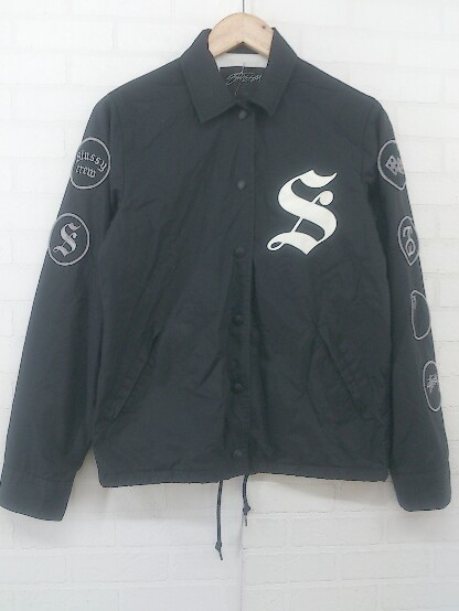 ◇ STUSS プリント 刺繍 長袖 コーチ ジャケット ブルゾン サイズM ブラック オフホワイト グレー レディース P 1211090000316