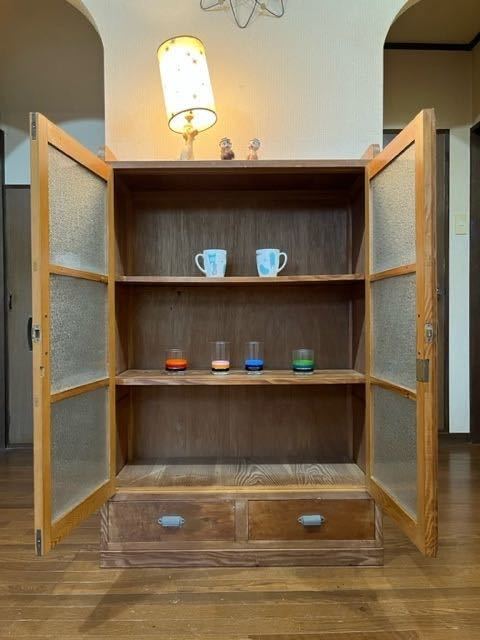 古い木製収納戸棚 水屋 食器棚 本棚 古道具 レトロガラスケース大正