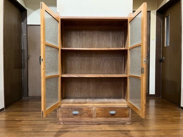 古い木製収納戸棚 水屋 食器棚 本棚 古道具 レトロガラスケース大正