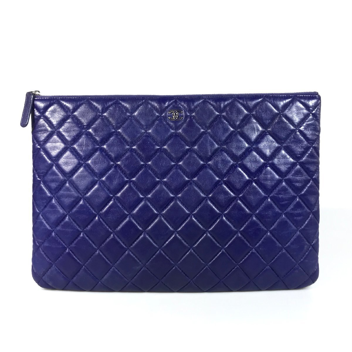 【1円～】シャネル CHANEL バッグ クラッチバック ポーチ ココマーク マトラッセ 21番台 ラムスキン ネイビー シルバー金具 中古