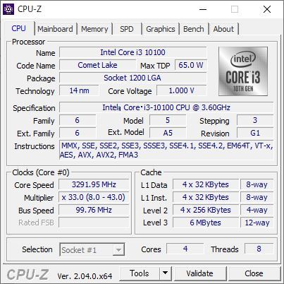 Intel i3 10100 動作確認済 Core Intel i3-10100 6GHz 0 動作確認済み