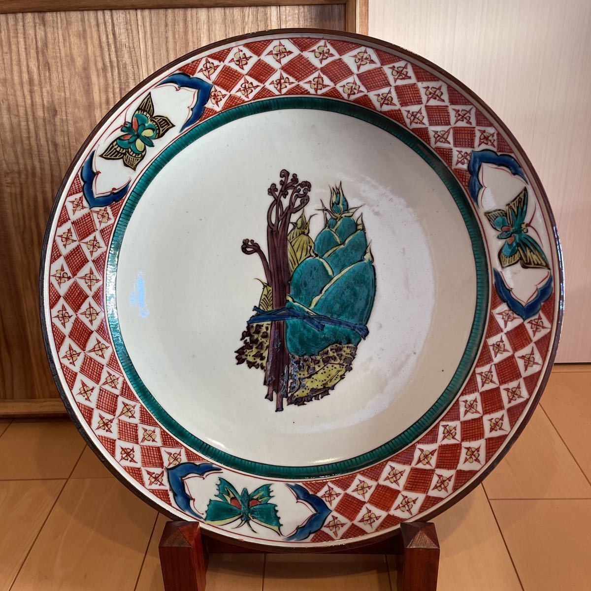 九谷焼　山菜図　飾皿　青九谷　直径40cm