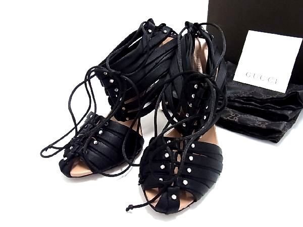 1円 GUCCI グッチ バンブー サテン ラインストーン サンダル ヒール