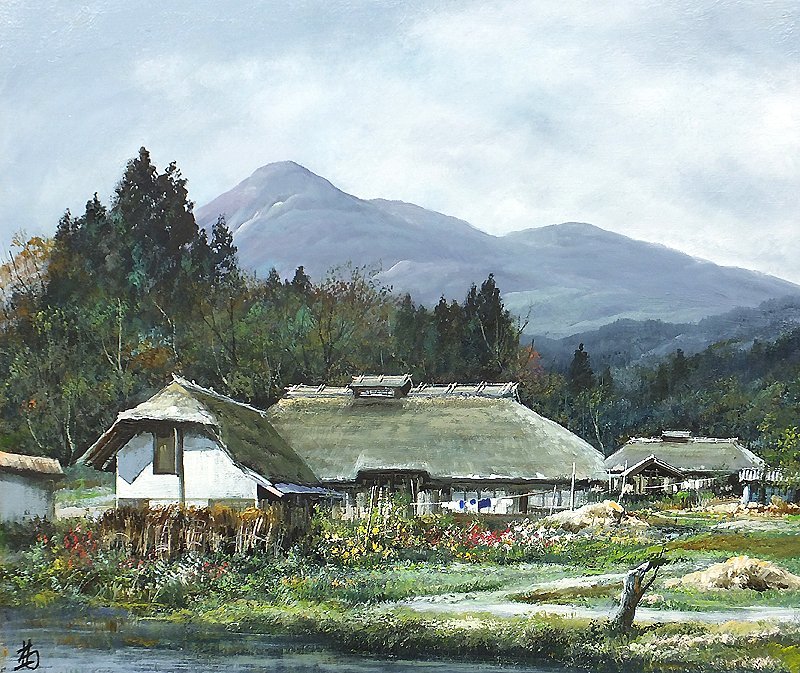 GLC】林喜市郎 「磐梯山麓初秋」 油彩10号古径額 民家描き続けた巨匠