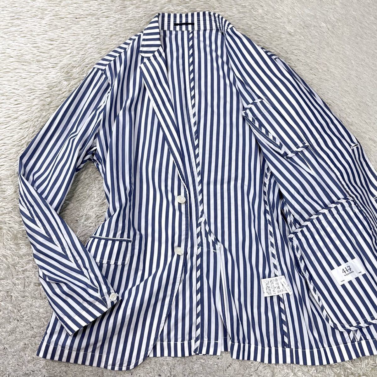 417エディフィス【モテる一着】417EDIFICE テーラードジャケット　ストライプ　ホワイト　ネイビー　L