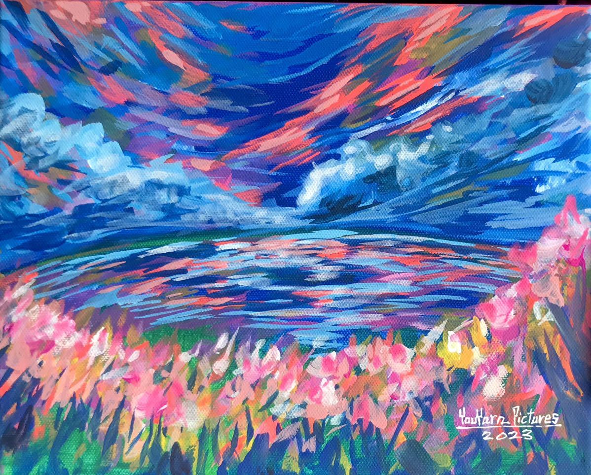アクリル原画】「空と海と花の初夏」□キャンバスF3号□真作 