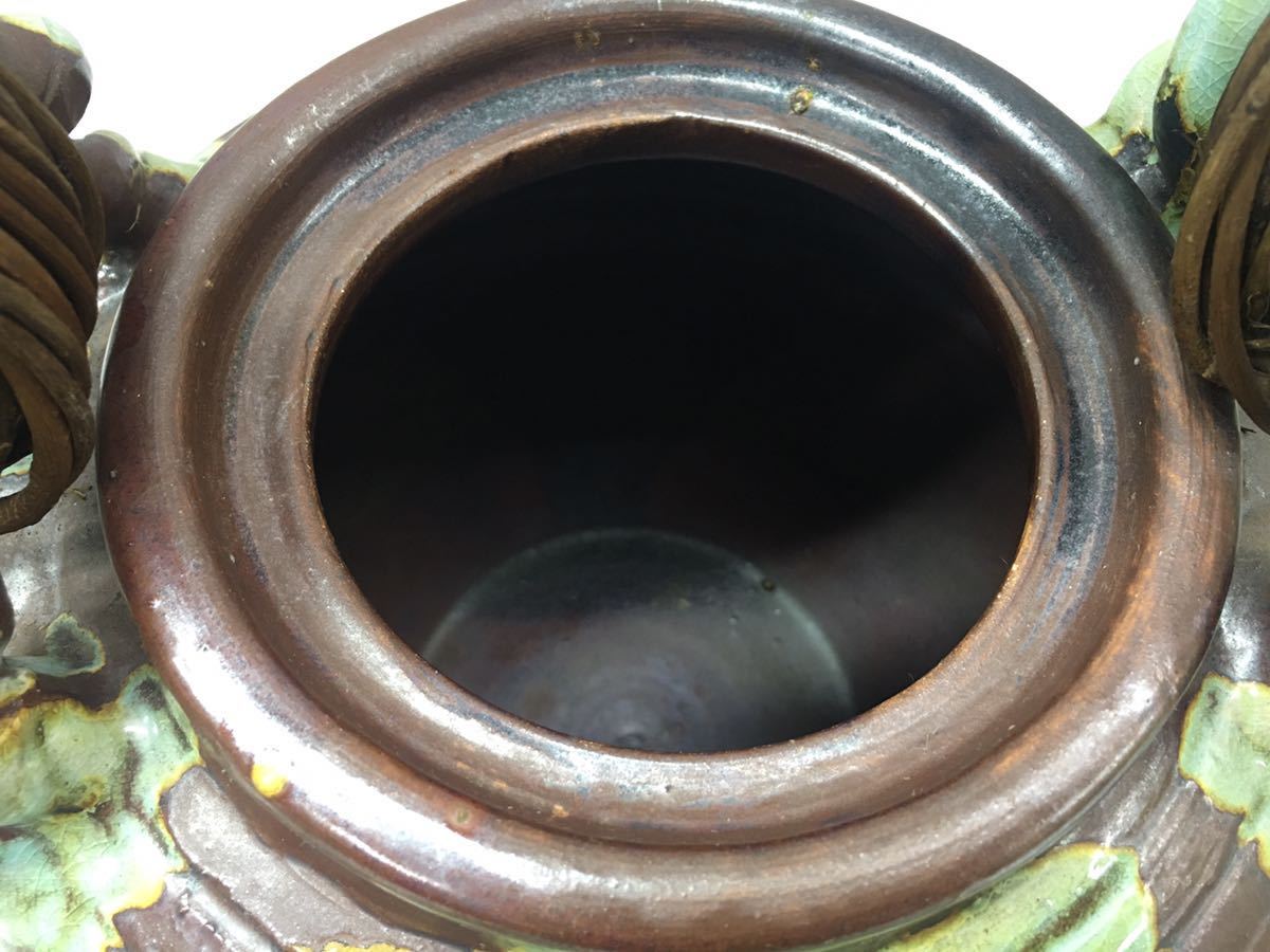 SU□ 高さ約49cm！ 信楽焼 特大 急須 茶 緑 持ち手籐巻 陶器 土瓶 薬缶 