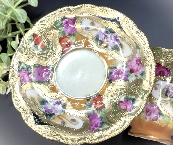 オールドニッポン 明治～大正期輸出品 希少 金点盛上 薔薇 菫紋様図