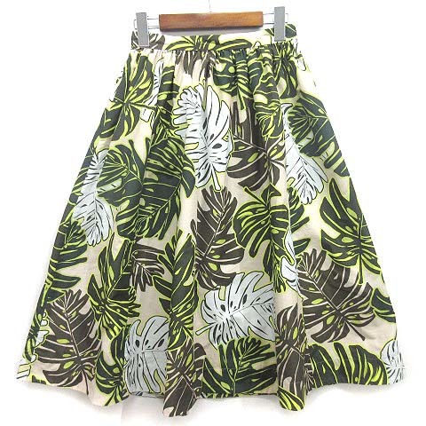 グレースコンチネンタル GRACE CONTINENTAL リーフ プリント フレア スカート ひざ丈 モンステラ柄 ベージュ グリーン 36 レディース