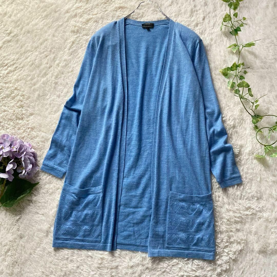 ESCADA　高級　カシミヤ100%　ロングカーディガン　青　Lサイズ　ハート　羽織り　エスカーダ