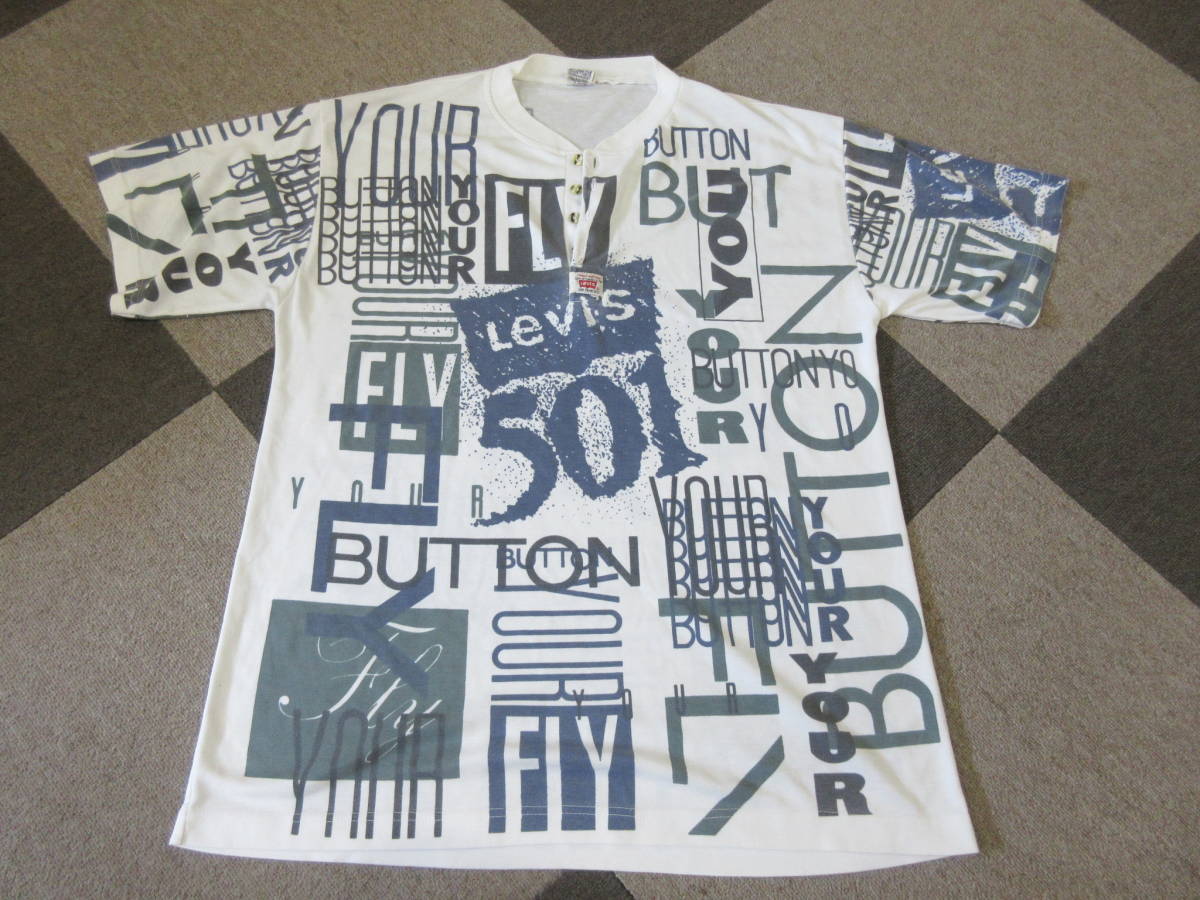 90s Levis USA製 総柄Tシャツ XL~ 501 BUTTONFLY ヘンリーネック リーバイス ヴィンテージ 半袖 オールド アメカジ 古着
