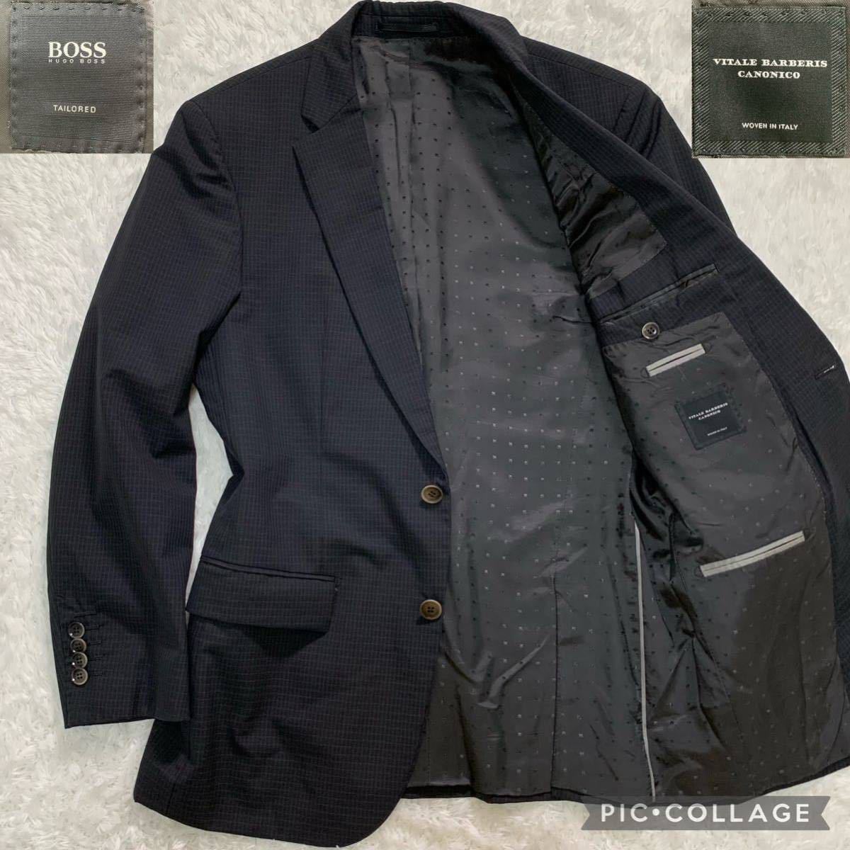 A☆良品 HUGO BOSS 2B テーラードジャケット 裏地 総柄 ブラック 