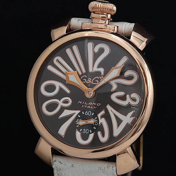 1円 稼働 ガガミラノ マニュアーレ46 スモセコ 黒文字盤 手巻 NBY0624 メンズ腕時計 OGH 3284000