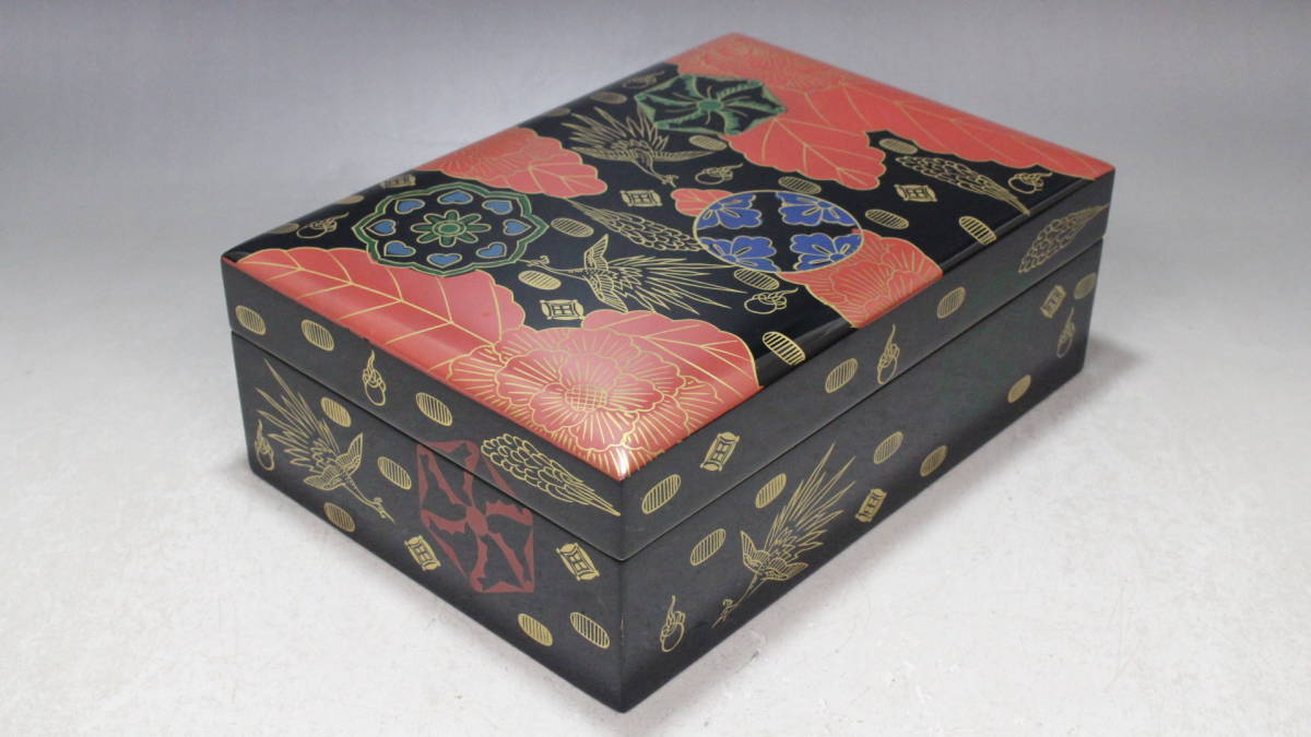 【文明館】会津塗 黒朱漆塗 蒔絵 手箱 漆器 工芸品 時代物 桐箱付 を81