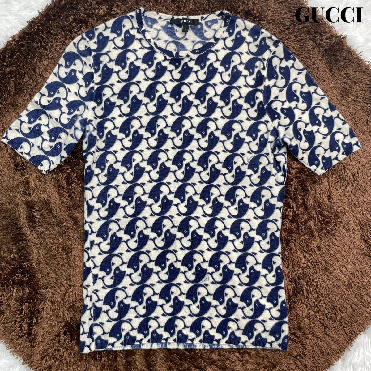 【カシミヤ100】GUCCI グッチ 半袖 ニット カットソー 鯨 クジラ くじら 総柄 M