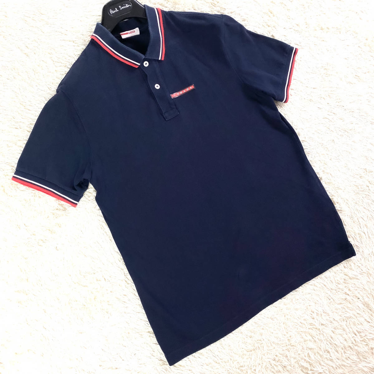 極美品XL.LL~L!PRADA半袖ポロシャツ ワンポイント胸ロゴワッペン 