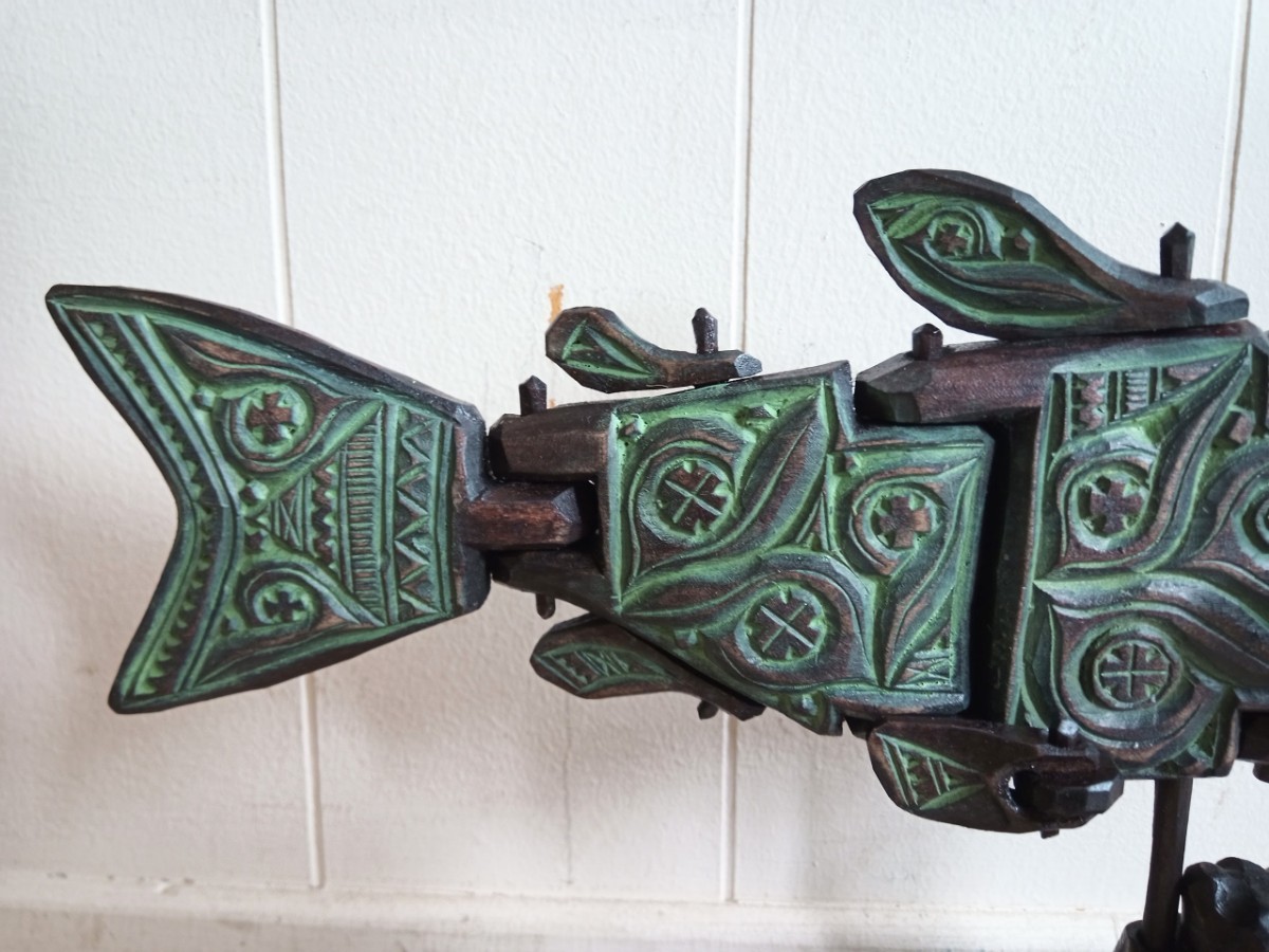 木彫「鮭と熊」 両面彫り アイヌ文様 阿部紀男作 KIDAN 鮭長さcm