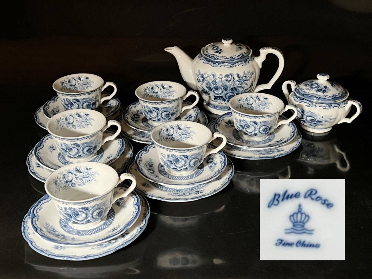 【瑞】Blue Rose Fine China カップ＆ソーサー＋ケーキ皿　ポット　シュガーポット合計２０点