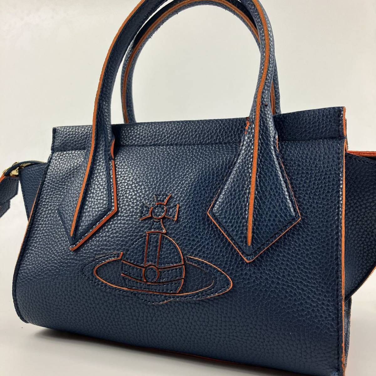 1円 Vivineen Westwood ヴィヴィアンウエストウッド ハンドバッグ オーブ ネイビー 手提げ鞄 レザー　バイカラー レディース オレンジ