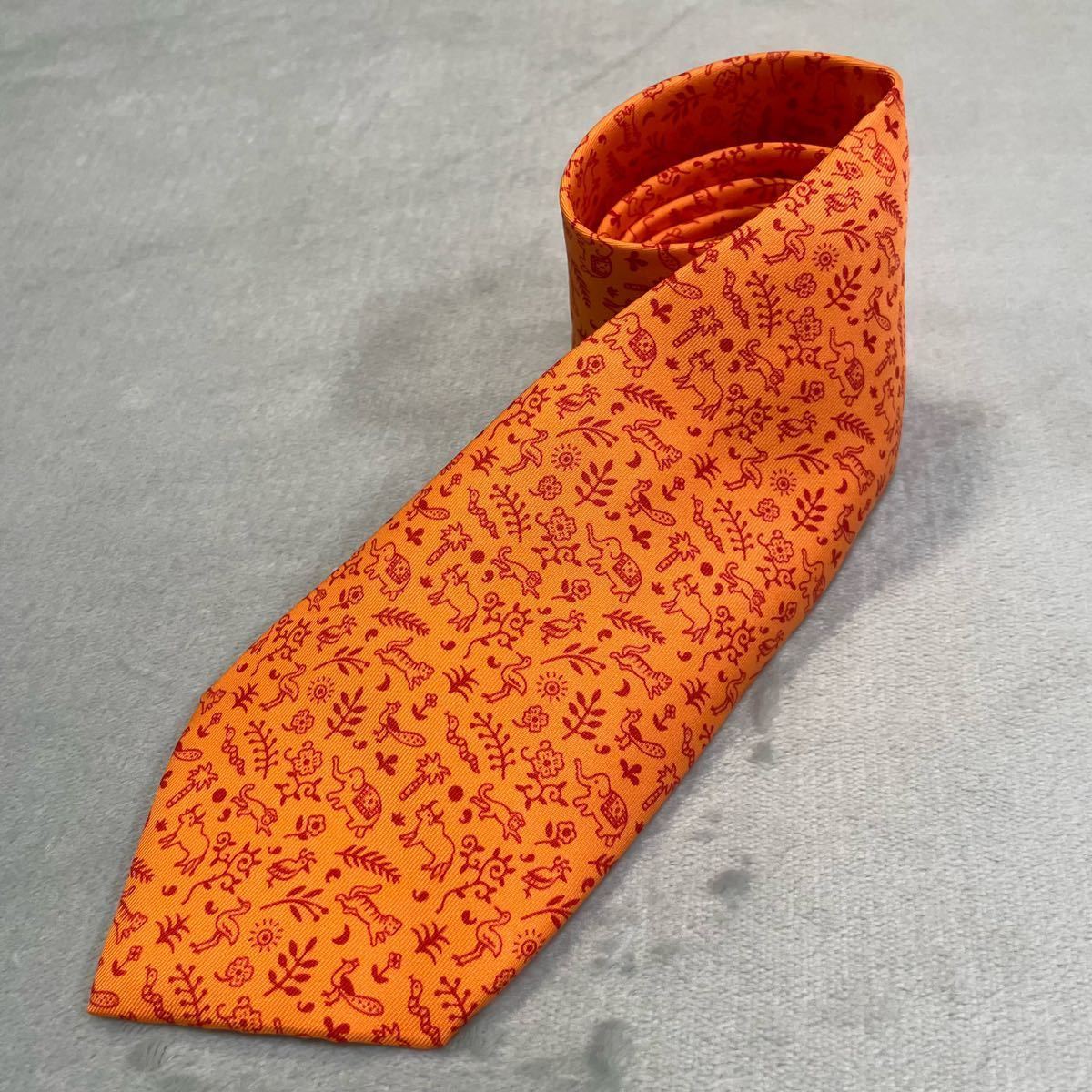 1円〜 美品 HERMES エルメス ネクタイ 総柄 シルク100% オレンジ