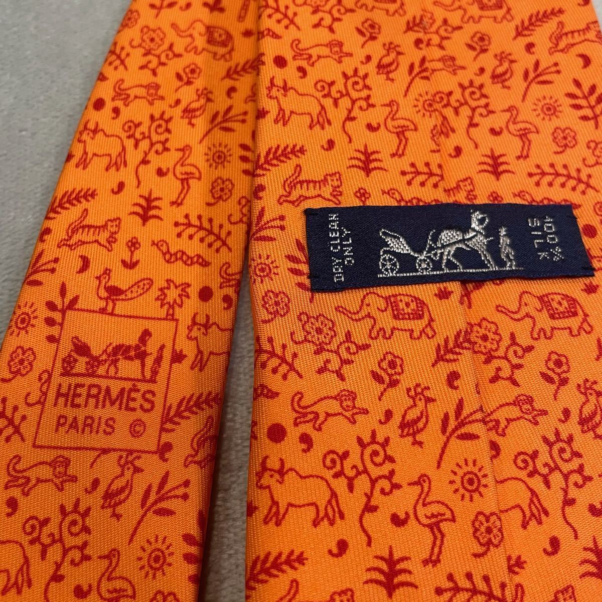 1円〜 美品 HERMES エルメス ネクタイ 総柄 シルク100% オレンジ