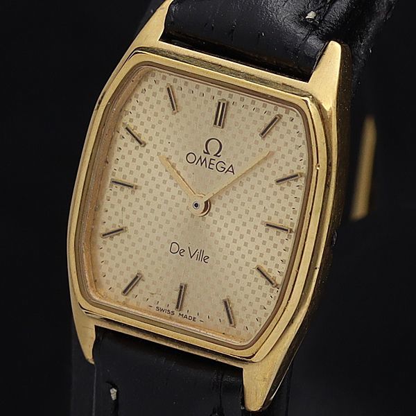 1円 稼働 良品 オメガ QZ デビル ゴールド文字盤 プッシュ式リューズ レクタンギュラー レディース腕時計 XYZ1756000IKE