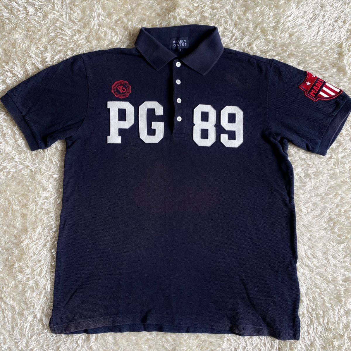 稀少!! パーリーゲイツ 『抜群の爽やかさ』 PEARLY GATES ポロシャツ 半袖 ゴルフウェア PG 89 ロゴ ワッペン ネイビー 紺 5 L メンズ 35