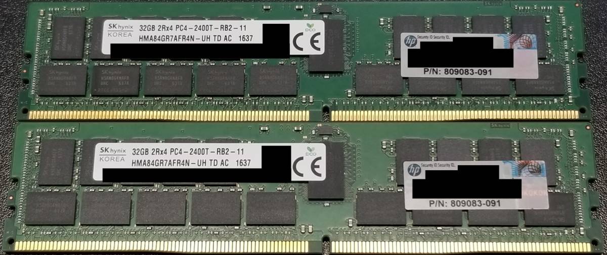 HPE純正 SKHynix PC4-2400T DDR4 19200 32GB 2Rx4 2枚セット 64GB