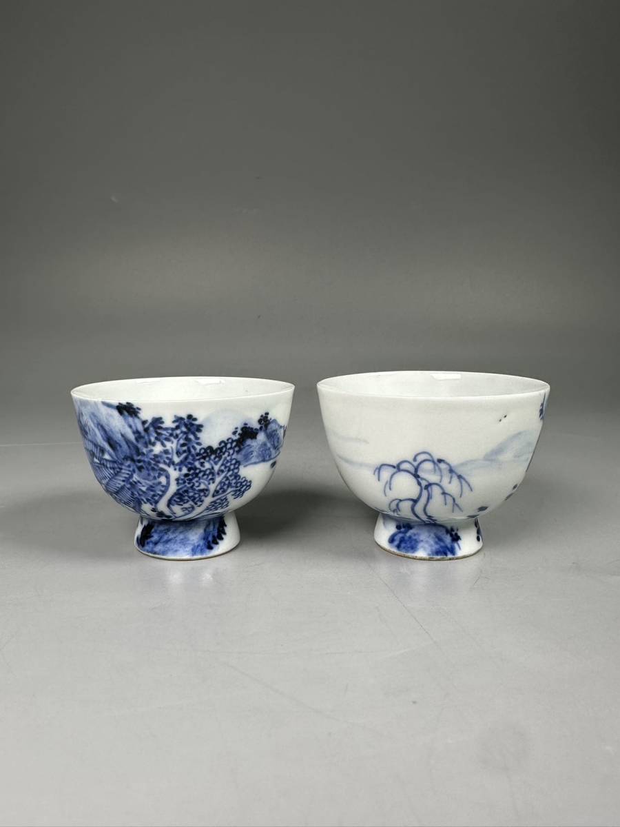 時代 煎茶道具 染付 山水図 煎茶器揃 湯冷し 盃 酒器 二客 在銘 如阿弥 茶碗 直径約5.6cm 古美術 古玩