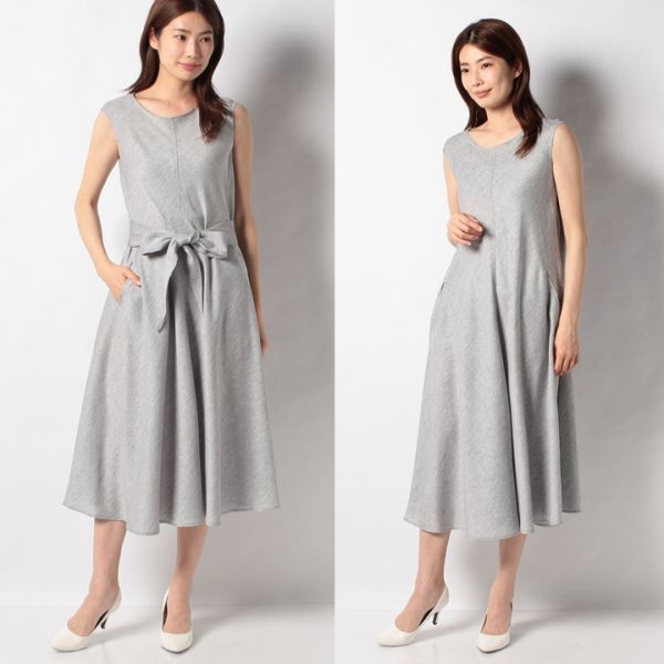 レリアン CARA O CRUZ キャラオクルス ウォッシャブル ベルト付き ワンピース グレー 11号 M L ノースリーブ リゾート 旅行 Leilian