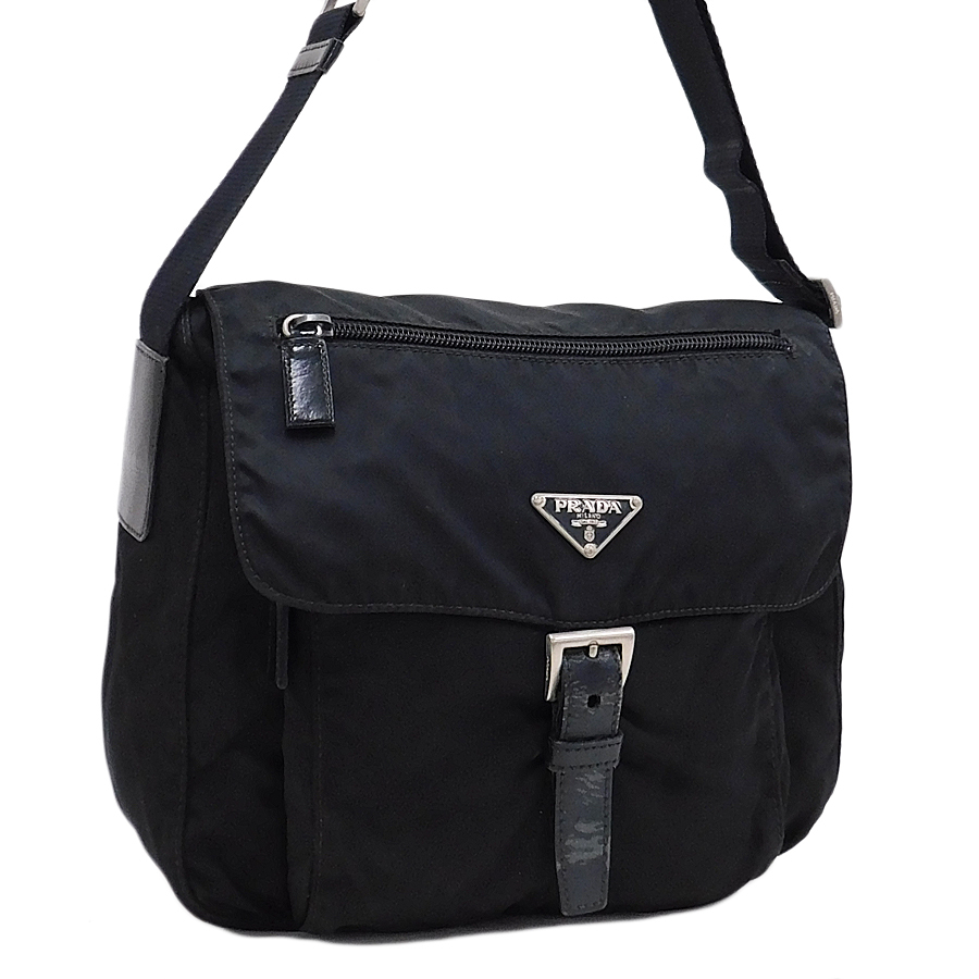 1円 ■ プラダ ショルダーバッグ ブラック系 ナイロン×レザー ポコノ 三角プレート PRADA ■E.Csom.oR-3
