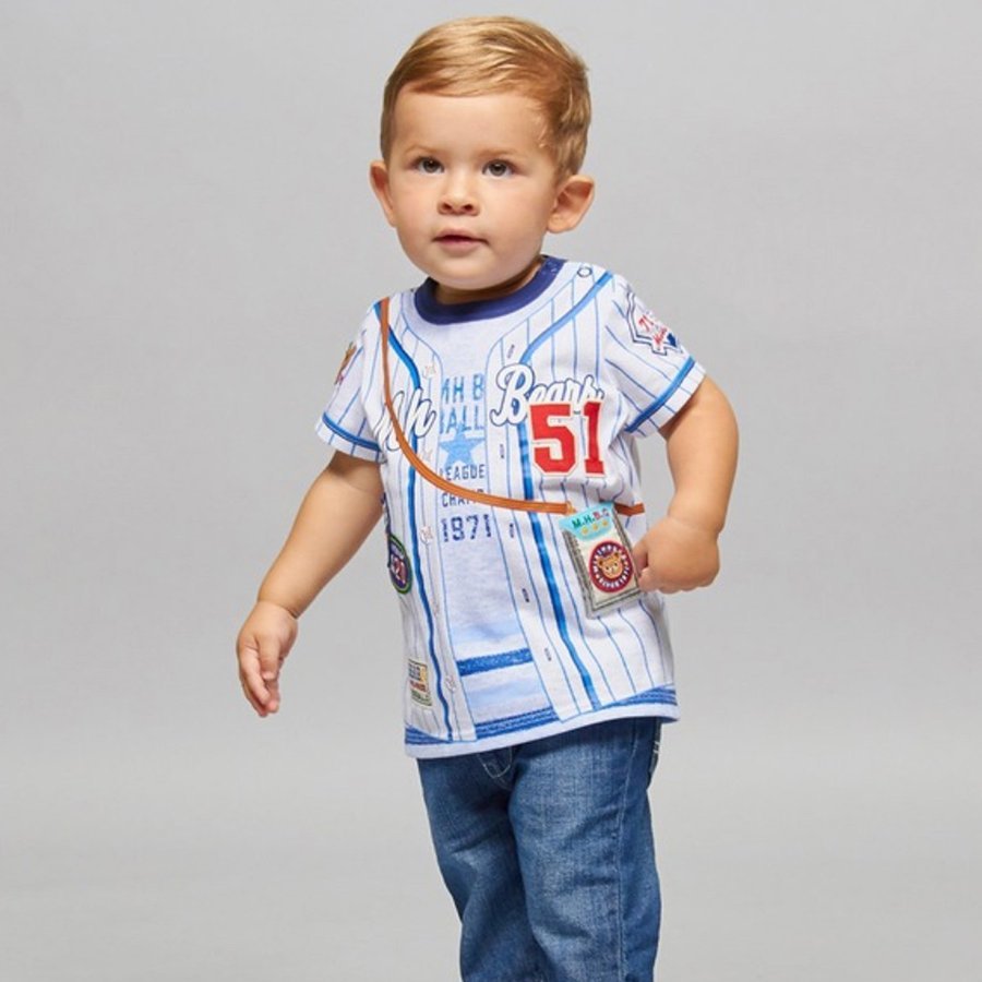 日本製/新品タグ★ミキハウス MIKIHOUSE★ベースボール半袖Tシャツ 野球のユニフォームのだまし絵半袖Tシャツ 一枚でおしゃれに見映えよく