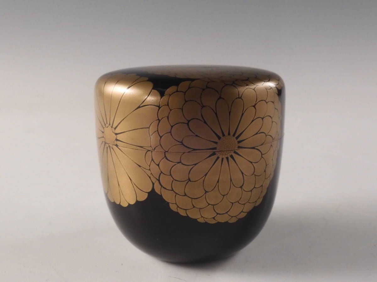 ○栄○出雲 小島 漆壷斎 造 金蒔絵 大菊 木製 棗 茶道具 共箱 無傷完品