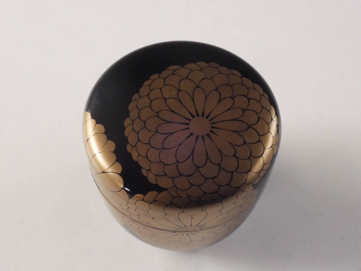 ○栄○出雲 小島 漆壷斎 造 金蒔絵 大菊 木製 棗 茶道具 共箱 無傷完品