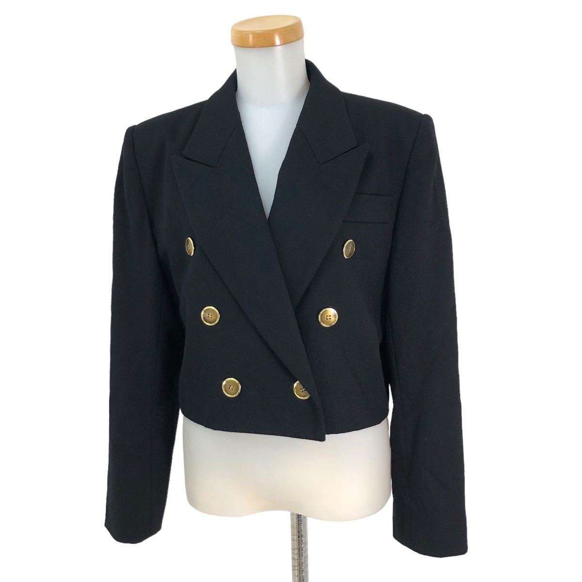 m395-24 Yves Saint Laurent イヴサンローラン ダブルボタン ショート丈 テーラード ジャケット 上着 アウター ブラック レディース M