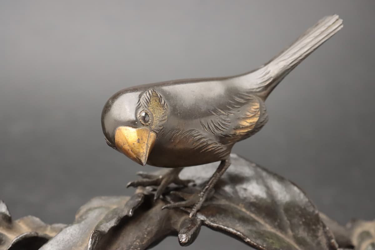 EL715 【岩瀬清鳳 作】鋳銅「佛手柑と文鳥」幅18.1cm/高5.5