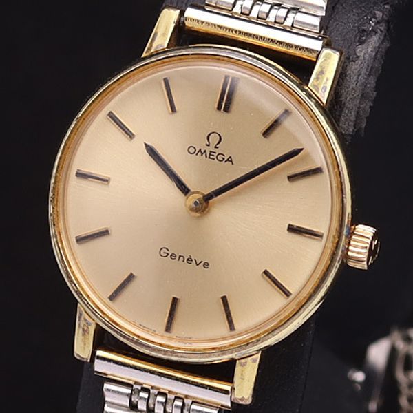 1円 稼働 良品 オメガ 手巻き ジュネーブ ラウンド ゴールド文字盤  