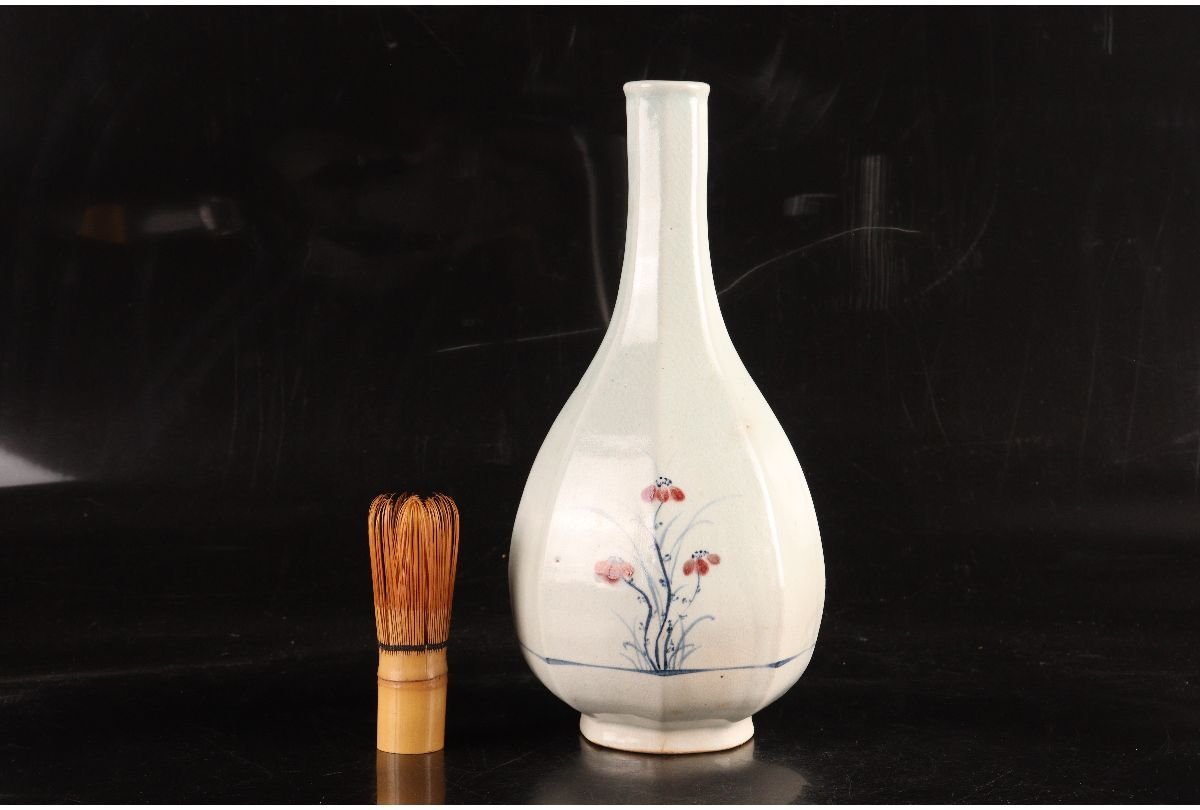 URA 李朝青磁染花紋鶴首八角花瓶/H30cm/B11/7-s5-163 検索 骨董/置物 