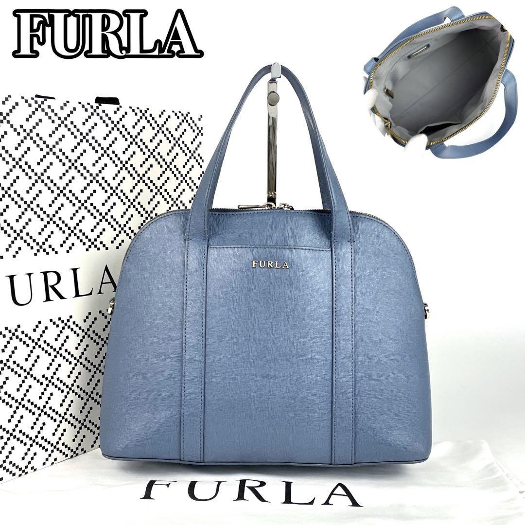 美品●FURLA フルラ SANDY サンディ ハンドバッグ ドーム型 ロゴ 腕掛け ゴールド金具 サフィアーノレザー ブルーグレー 青 くすみブルー