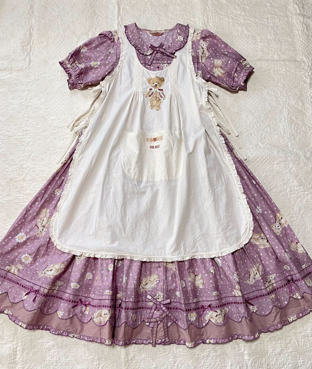 美品】ピンクハウス PINK HOUSE 2020年 リボンテディ 刺繍入りタブリエ  