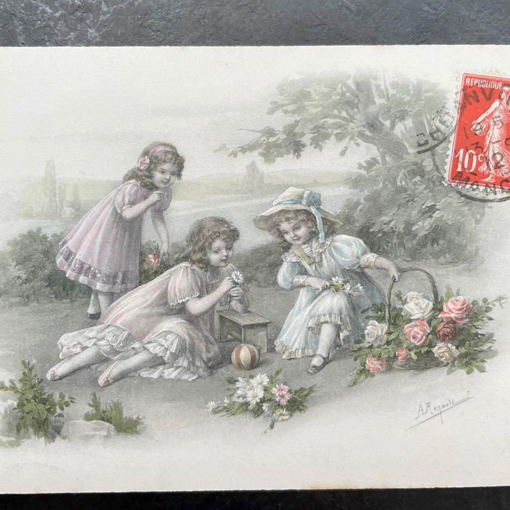 アンティーク ポストカード 1912年消印 Renault アーティスト作 少女